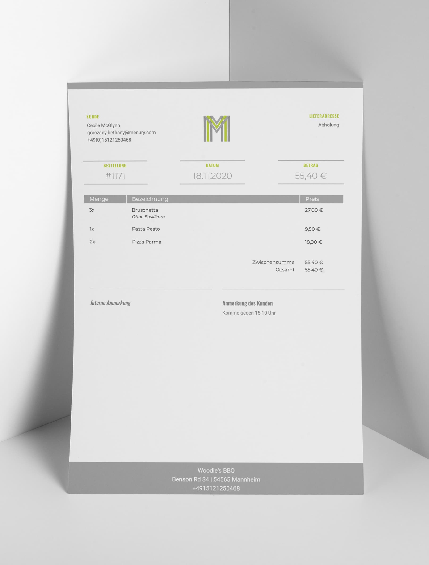 Bestellbestätigung als PDF für Lieferservice und Abholung in der Gastronomie