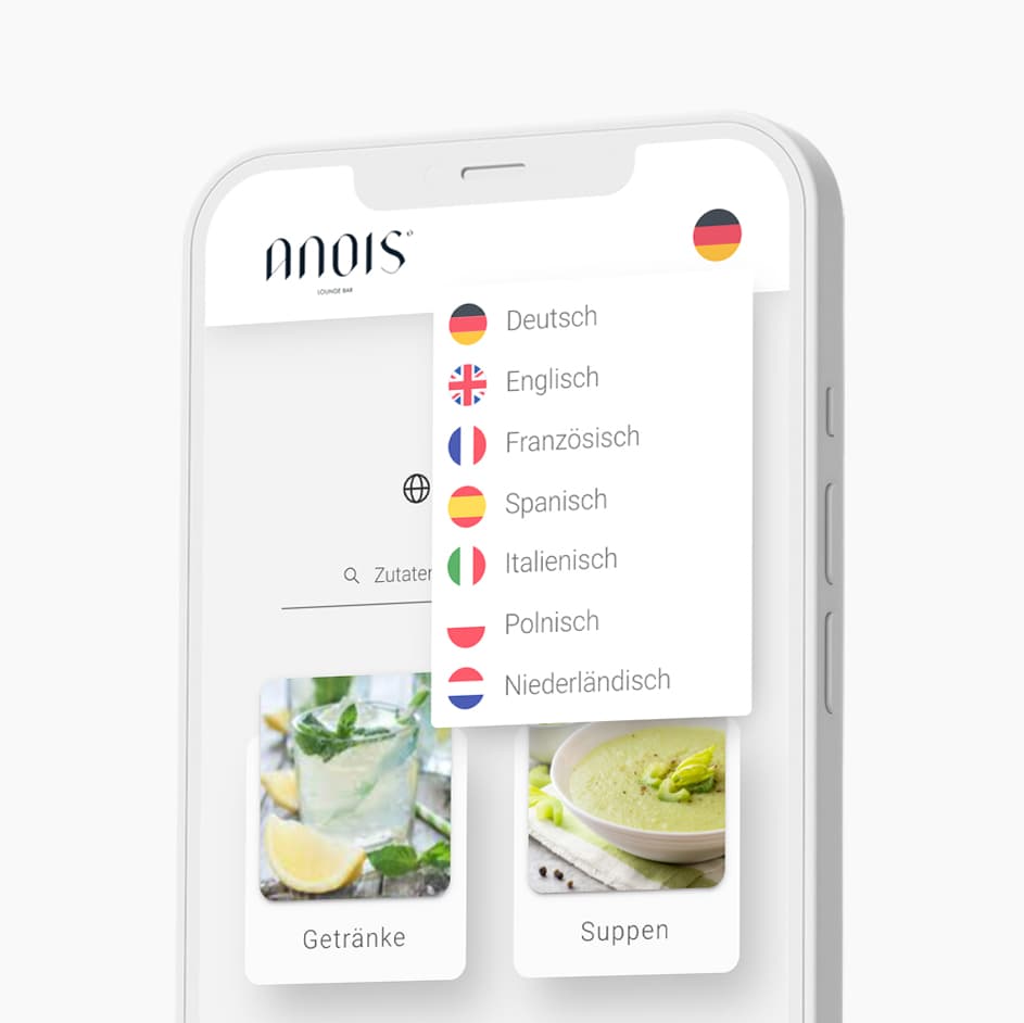 Smartphone mit digitaler Speisekarte in 7 Sprachen übersetzt für Restaurants
