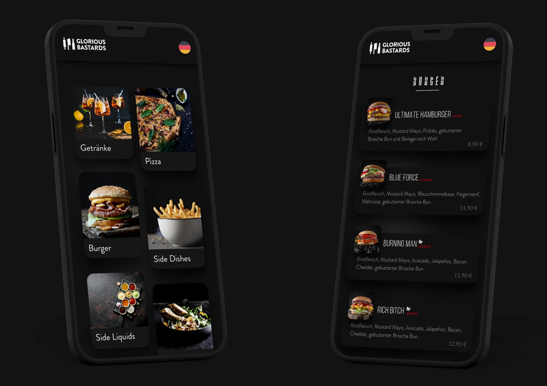Detailansicht einer digitalen Speisekarte auf dem Smartphone