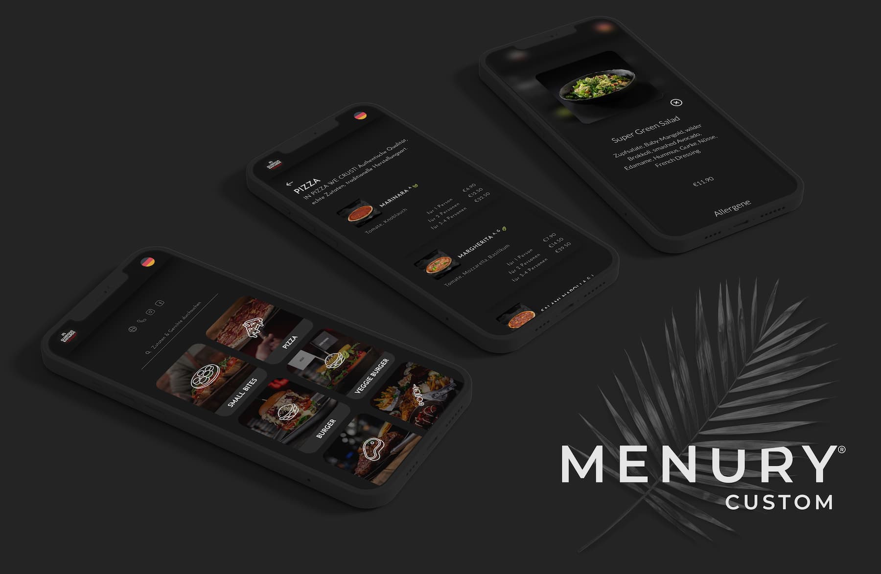 Drei Smartphones mit einer digitalen Speisekarte nach Kundenwünschen designt.