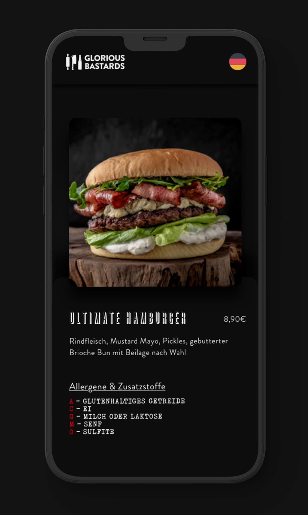 Detailansicht einer digitalen Speisekarte auf dem Smartphone