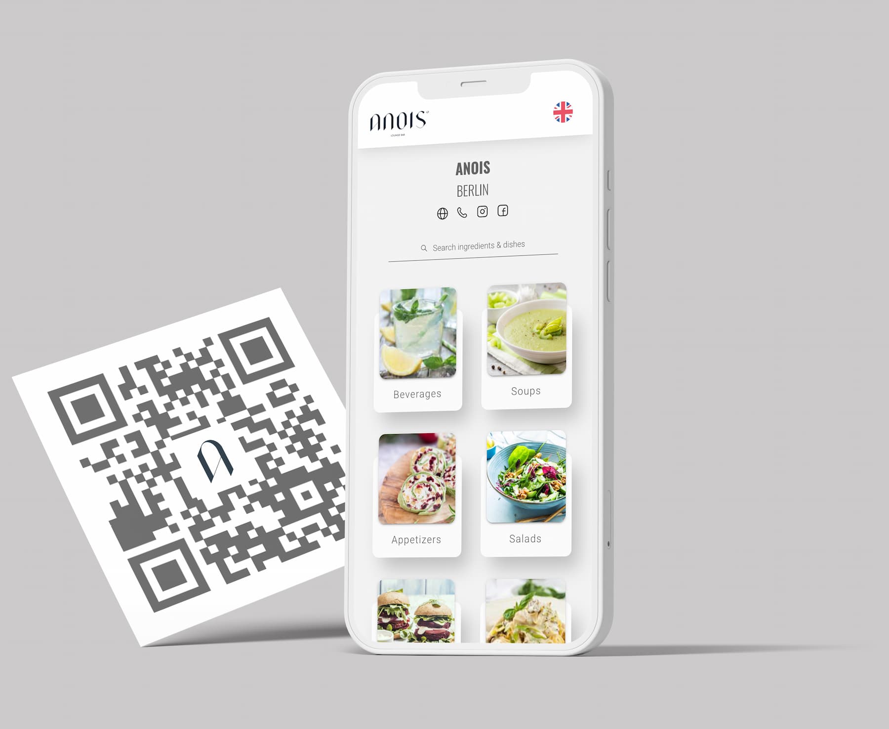 Ein QR Code und eine digitale Speisekarte auf einem Smartphone